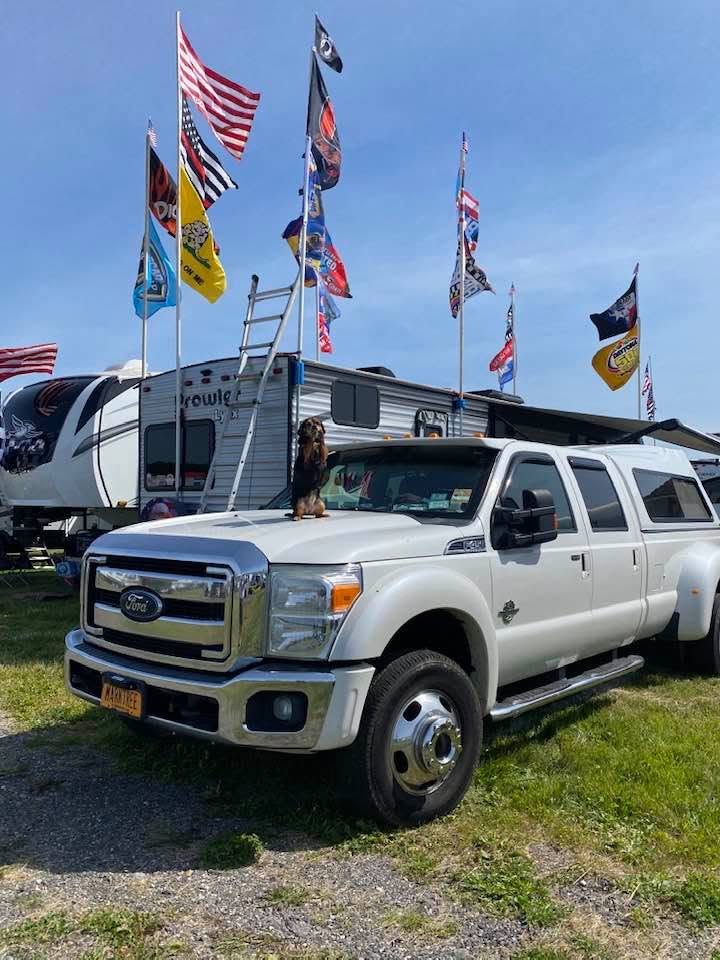 Ford F-350 Dually Truck with New York vanity license plate MARKTREE and Capri on the hood